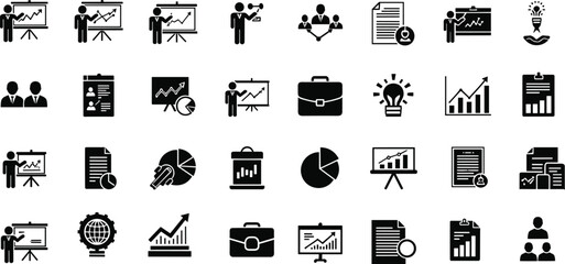 Black and white business presentation with graphs and people