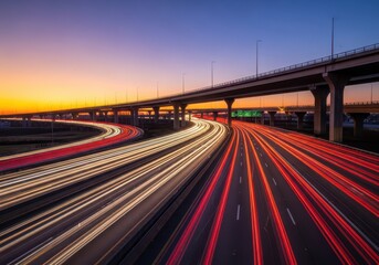Fototapeta premium Massive highway infrastructure with dense automotive traffic flow at sunset. Headlights and taillights streak across multiple lanes during rush hour congestion, motion, movement, complex