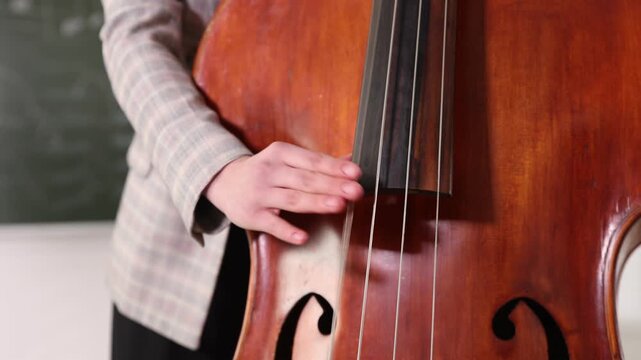 Teenage girl playing double bass indoors, closeup