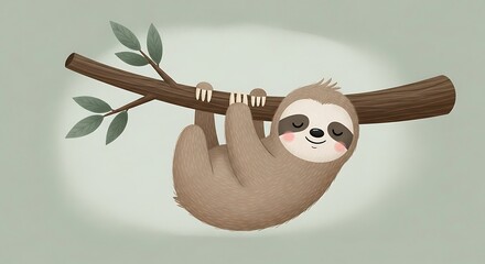 Obraz premium A cartoon sloth hanging from a branch, relaxing in a serene environment, captured from a straightforward viewpoint