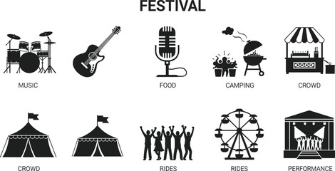 Festival including music instruments microphone food grill vendor tents people rides and drum