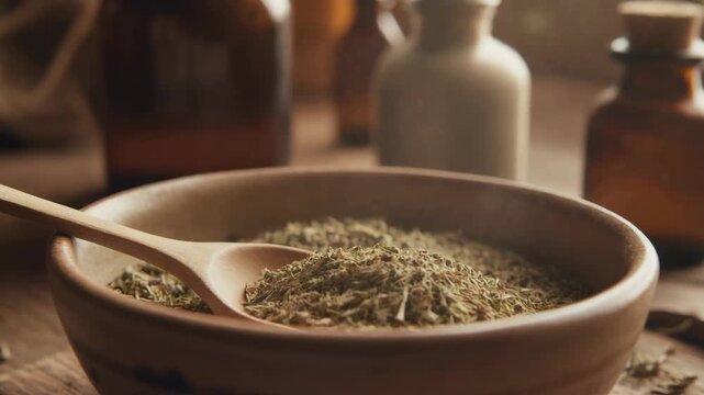 A rustic close-up scene of a ceramic bowl filled with granular herbal substance, a wooden sp