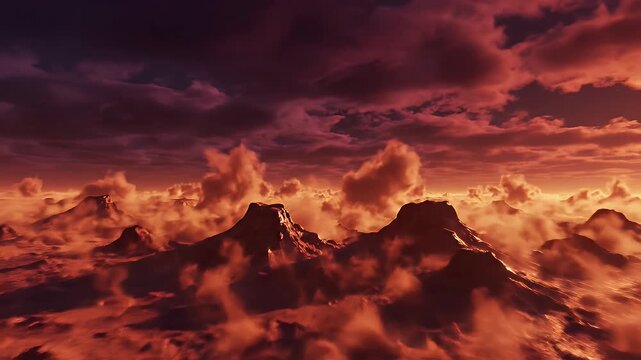 Stunning celestial landscape with two suns and dramatic clouds over mountains at sunset.