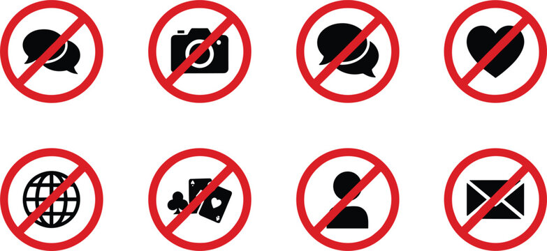 Prohibited icons set with red forbidden symbols showing restricted actions communication media people food internet concepts