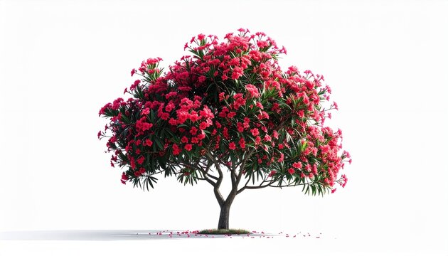 Vibrant Oleander Tree with Abundant Red Blooms Isolated on a Pristine White Background.