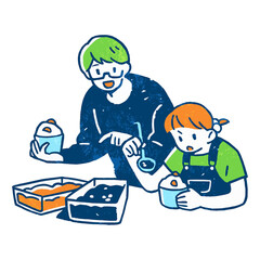 スイーツを作る父親と女の子のイラスト