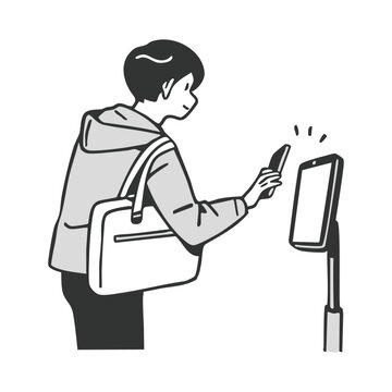 スマホをかざす男性のイラスト