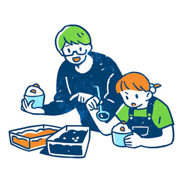 スイーツを作る父親と女の子のイラスト