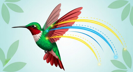 Vibrant hummingbird in flight with colorful trails against a light blue leafy background with green leaves