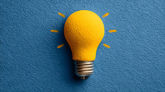 Yellow light bulb glowing on textured blue background, symbolizing creativity, inspiration, innovation, and fresh idea concepts in modern design.
