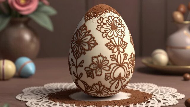 Decorated Easter egg on a lace doily, brown floral patterns on a white background, surrounded by small eggs and a vase with pink flowers in the background, brown wooden table, soft lighting.