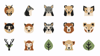 Collection of Various Animal Faces and Leaves.