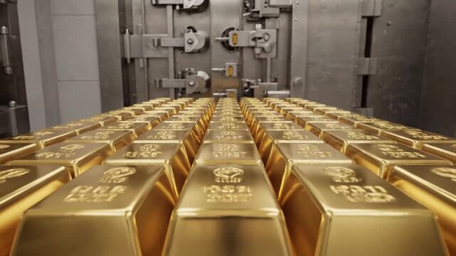 Stacked gold bars in a secure vault showing wealth and financial security with shining metallic surfaces
