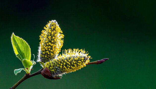 Goat willow catkins with fresh green leaves against a dark natural background, copy space. Salix caprea early spring botanical scene showing pollen-rich flowers, new growth, seasonal renewal.