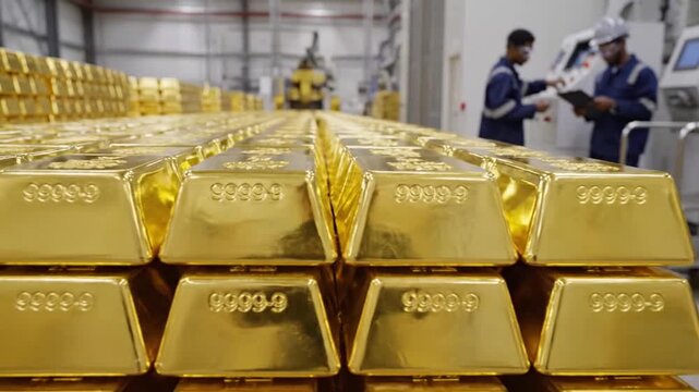 gold bars manufacturing process at the mint factory with workers inspecting and handling precious metal ingots and stacks of
