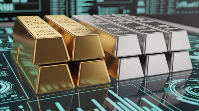 Digital gold bars and silver bars stacked on futuristic high-tech background with holographic interface