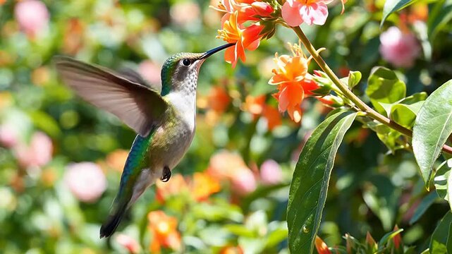 A small hummingbird with iridescent feathers hovers gracefully, sipping nectar from a bright orange flower in the soft sunlight