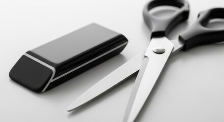 Scissors and sharpener on a white surface