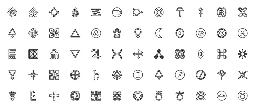 Alchemy and astrology symbols set. Vector icon collection featuring gods shield, sulphur, zodiac signs, planets, elements and more. Editable stroke.