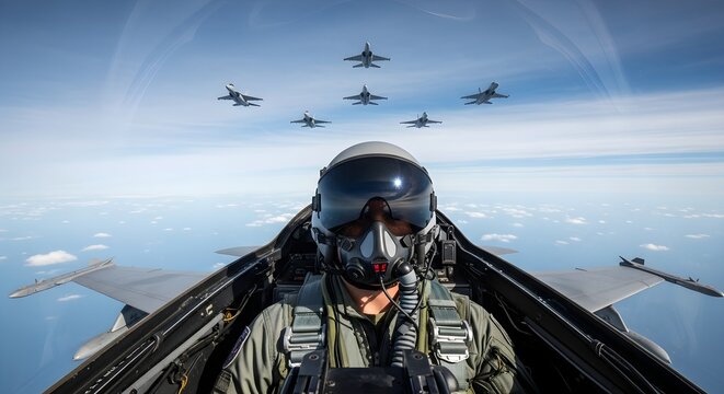 Inside Cockpit with Pilot Flying in Formation Above Sky and Ocean