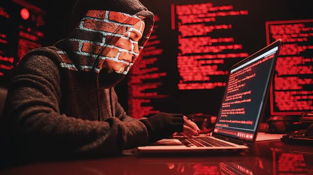 Person in hoodie working on laptop with code
