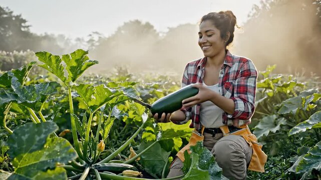 Woman harvesting zucchini in garden