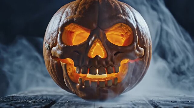 Spooky Halloween Pumpkin Carving with Skull Face and Glowing Lights.