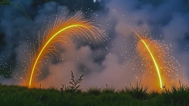 Bright mists explode ultraviolet flame haze, forming sharp arcs against a green background, with golden sparks rippling in a whimsical, electrified display at sunrise.