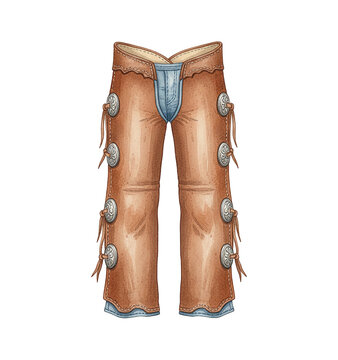 Detailed watercolor illustration of brown leather cowboy chaps with silver conchos over blue jeans Western apparel