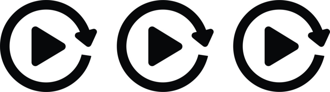 Set of replay play loop icons representing refresh repeat media controls isolated on white background design interface ui