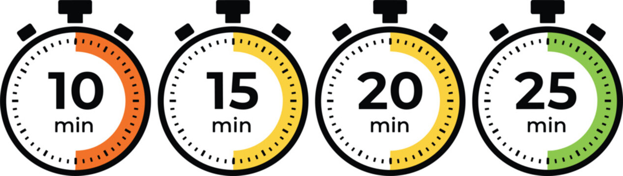 Set of stopwatch timer icons showing ten fifteen twenty and twenty five minutes isolated on white background design