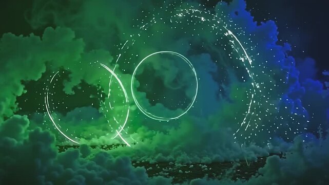 Neon mists explode ultraviolet flame haze, blending into angular spirals on a green background, with sparkling dust swirling in a whimsical, ethereal atmosphere at dawn.