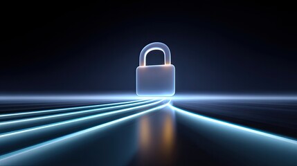 Naklejka premium Futuristic Digital Padlock with Neon Light Trails on a Dark Background Representing Data Security, Protection, and Modern Technology in Cyber Space