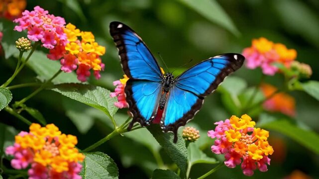Blue Butterfly on Vibrant Pink Yellow Flowers.