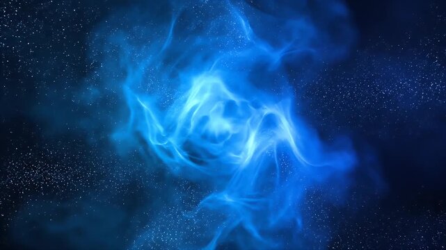 Abstract blue energy vortex with bright core and swirling smoke effect.