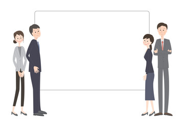 白いフレームを見ているスーツ姿の男女