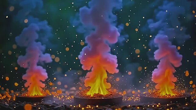 Bright plumes explode ultraviolet flame haze, surging into angular shapes on a green background, with golden sparks dancing in a serene, festive setting.