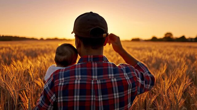Man and child in wheat field at sunset