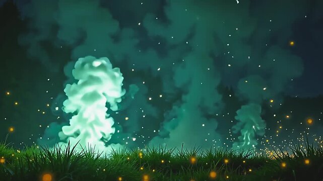Bright plumes explode ultraviolet flame haze, forming vibrant spirals against a green background, with glowing fireflies dancing in a serene, festive atmosphere at twilight.