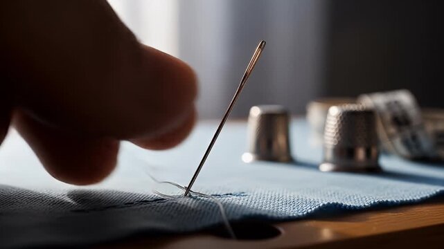 Close-up of Sewing Needle and Thimbles on Fabric.