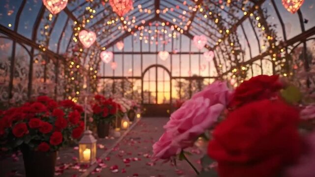 Enchanting romantic pathway with abundant red roses, glowing lanterns, and string lights in a beautiful glasshouse at dusk.