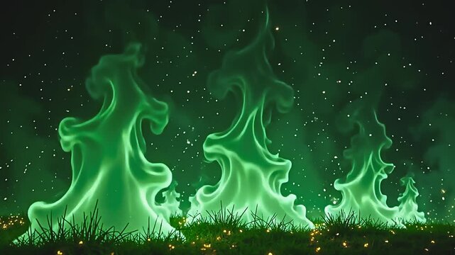 Bright wisps explode ultraviolet flame haze, surging into angular patterns across a green background, with golden sparks dancing in a festive, cosmic scene at night.