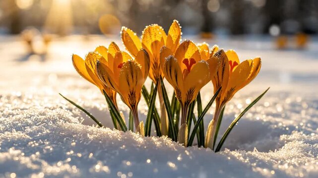 A cluster of bright yellow crocus flowers emerge from snow, glistening in the golden sunlight