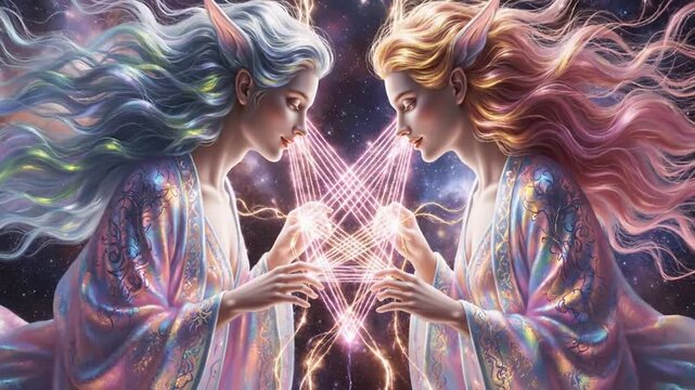 Two beautiful ethereal elves interacting with glowing magic light in a mystical dark realm, conveying enchantment and harmony.