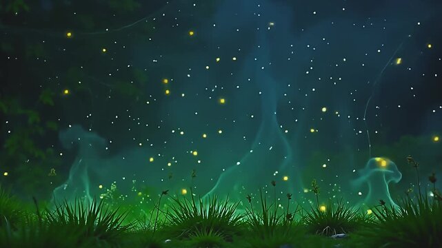 Vivid wisps explode ultraviolet flame haze, forming intricate webs against a green background, with glowing fireflies twinkling in a lively, electrified setting at midday.