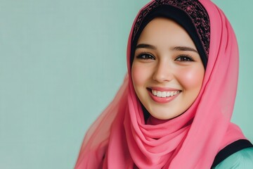 Young woman wearing bright pink headscarf smiles warmly against light background