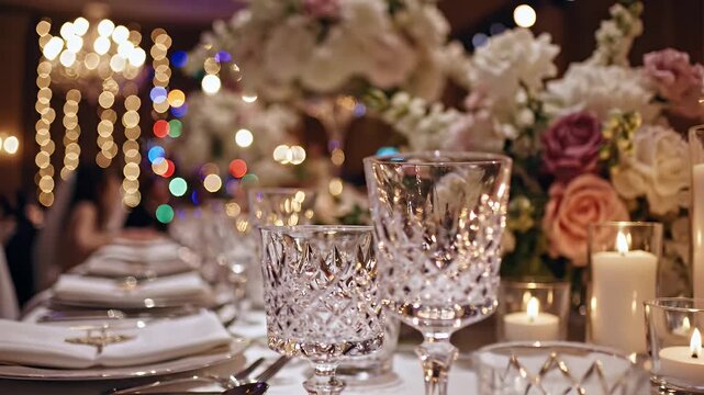 Elegant table setting with crystal glasses, flowers, and candles for a special event.
