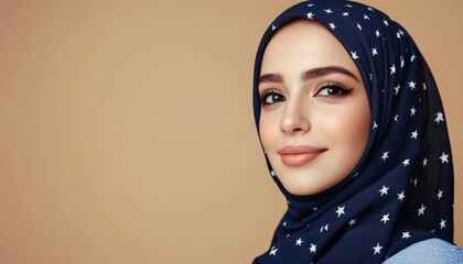 Young woman wearing a dark blue headscarf patterned with white stars smiles gently against a neutral background