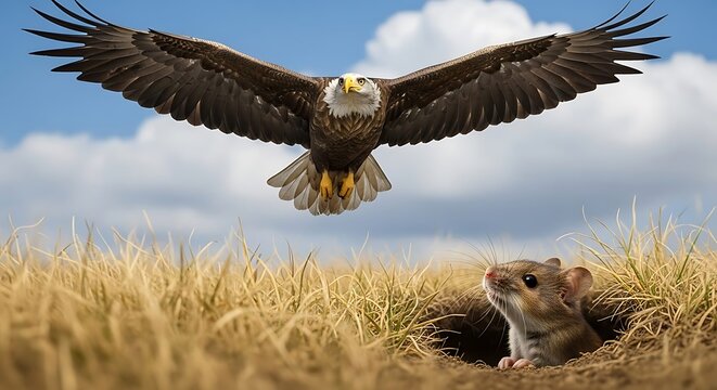 Bald eagle descends on mouse from burrow, wings spread, a powerful depiction of predator and prey and the constant struggle for survival in nature