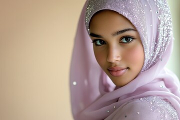 Young woman wearing a finely embellished soft lilac head covering gazes directly at the viewer